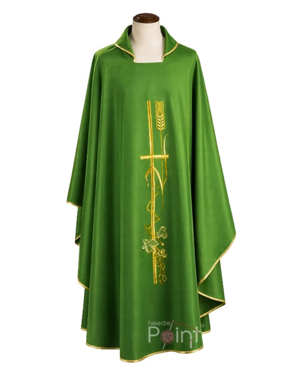 Green chasuble with gold wheat embroidery full front view