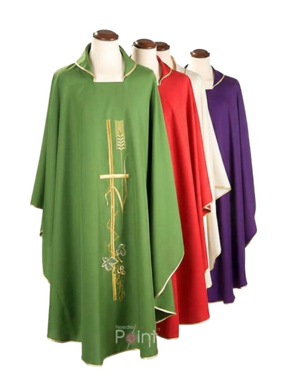 Gold wheat embroidered chasuble set green red white purple front view