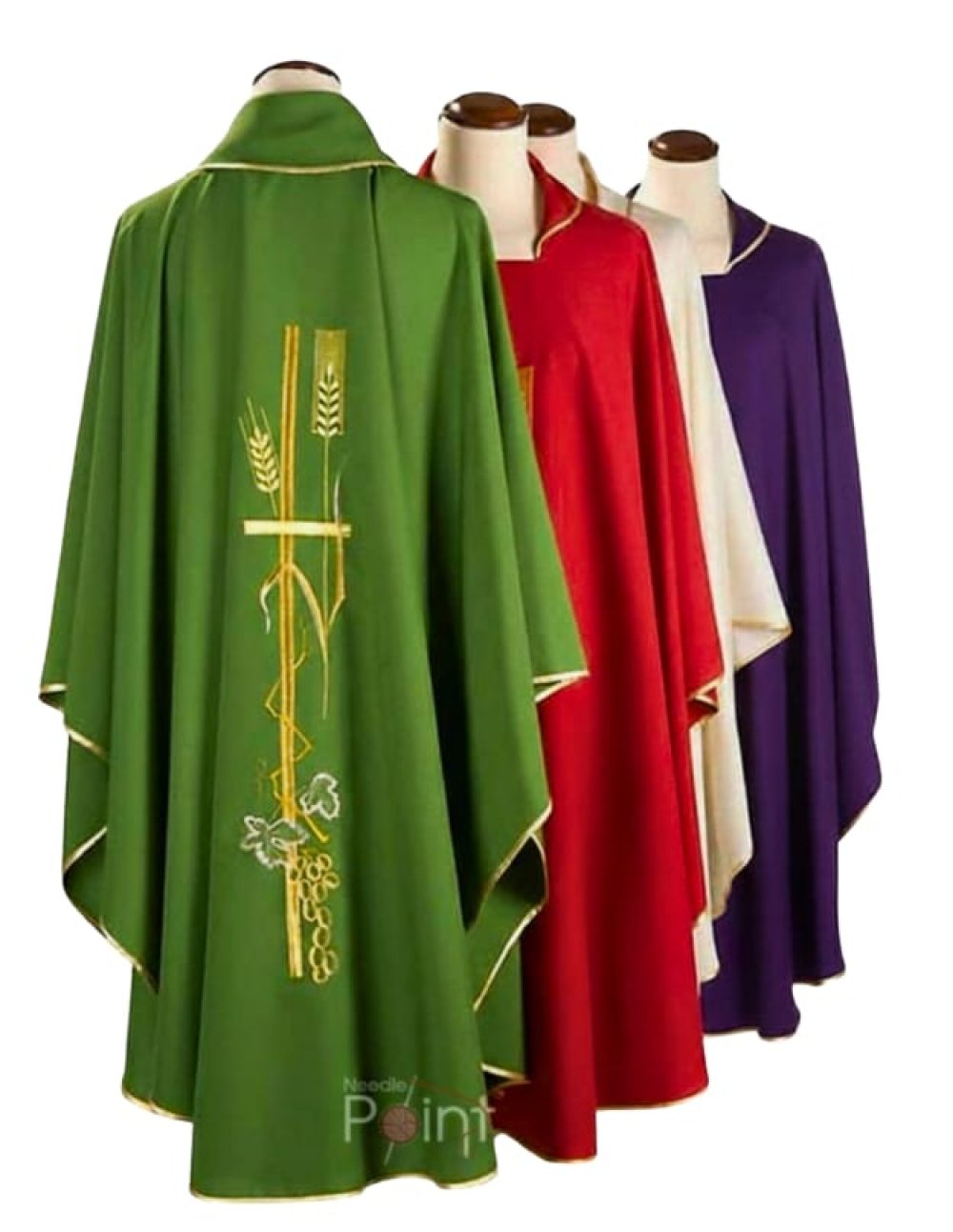 Gold wheat embroidered chasuble set green red white purple back view