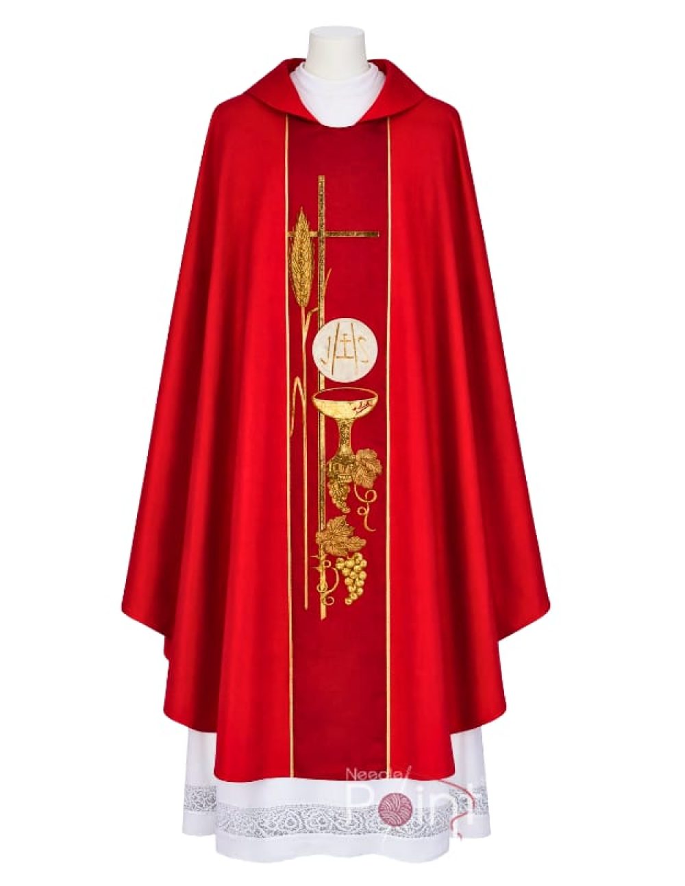 Red chasuble with Eucharistic golden chalice embroidery front view liturgical vestment Needle Point