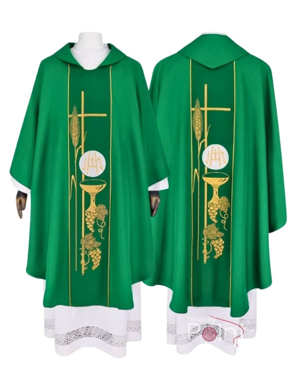 Green chasuble with Eucharistic golden chalice embroidery liturgical vestment Needle Point