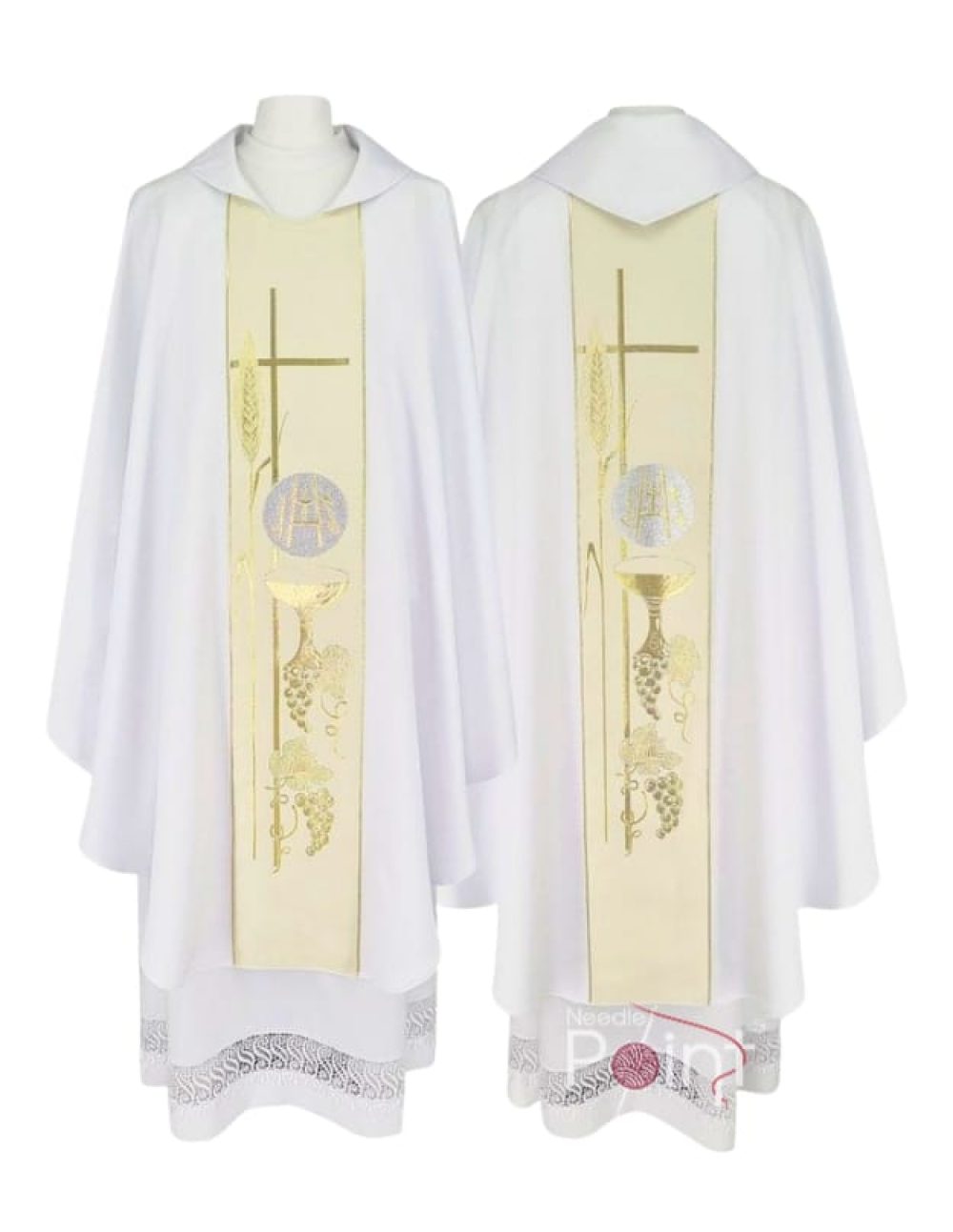 White chasuble with Eucharistic golden chalice embroidery liturgical vestment Needle Point