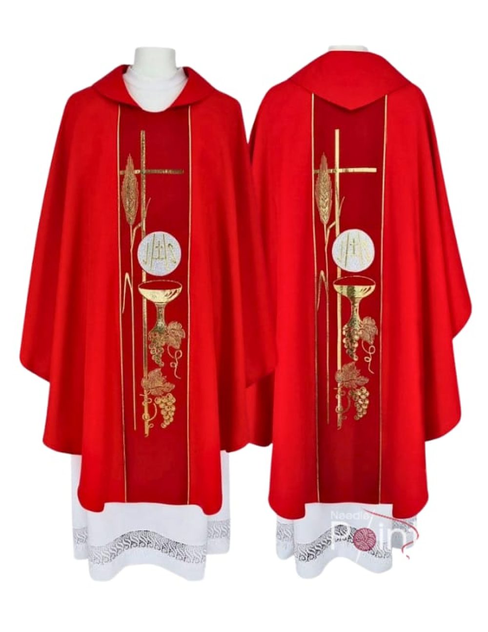 Red chasuble with Eucharistic golden chalice embroidery liturgical vestment Needle Point