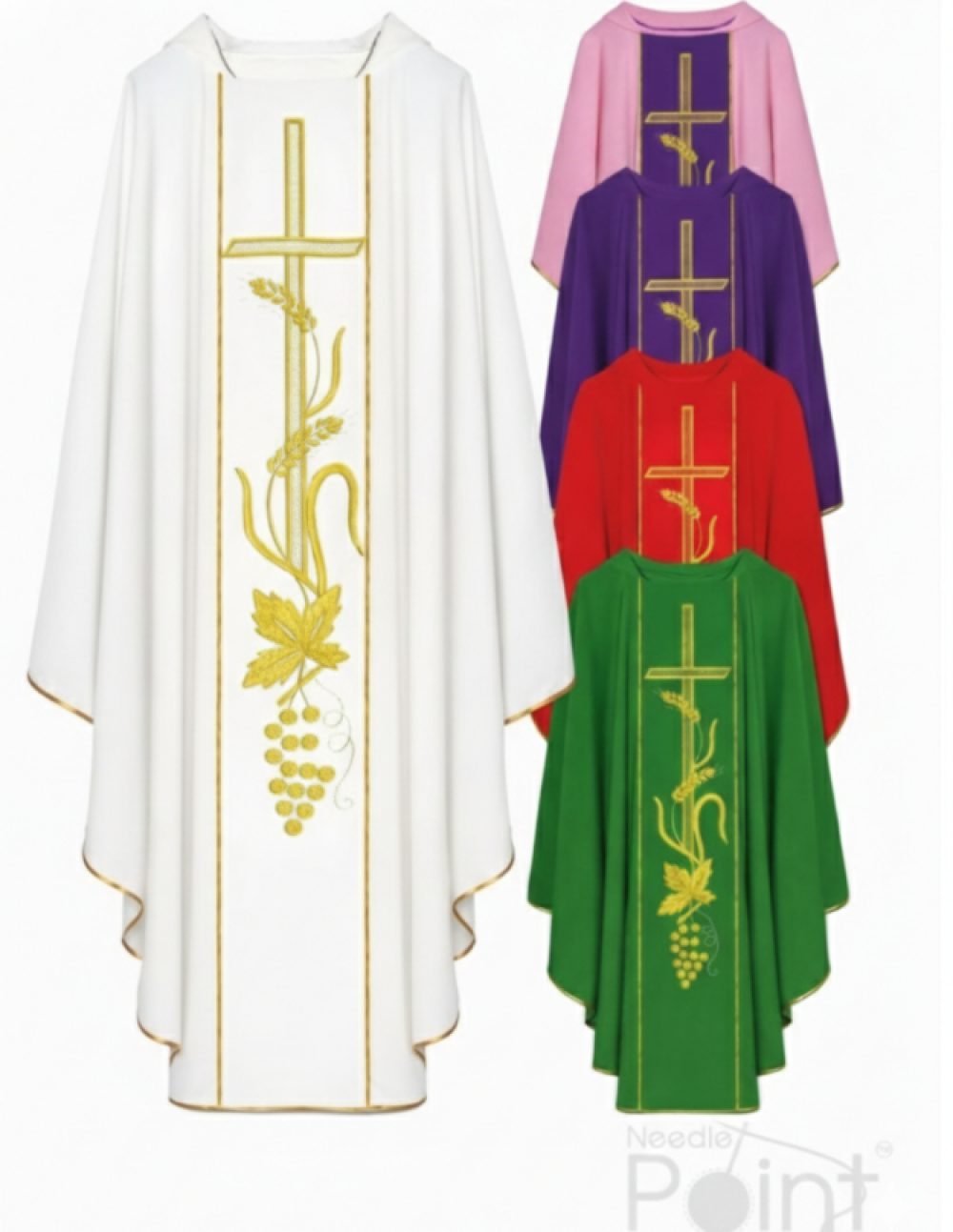 Eucharistic chasuble with cross wheat grapevine embroidery  in white cream red green purple and rose Needle Point India