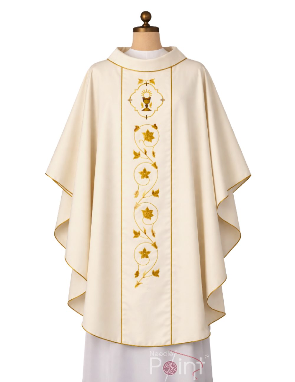 Elegant ivory chasuble front view on mannequin with decorative gold embroidery Catholic priest vestment Needle Point