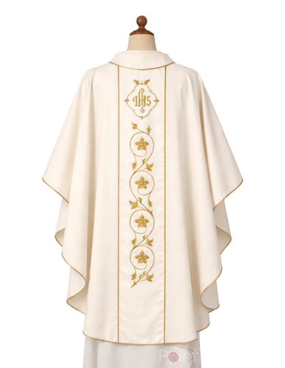 Elegant ivory chasuble back view on mannequin with decorative gold embroidery liturgical priest vestment Needle Point