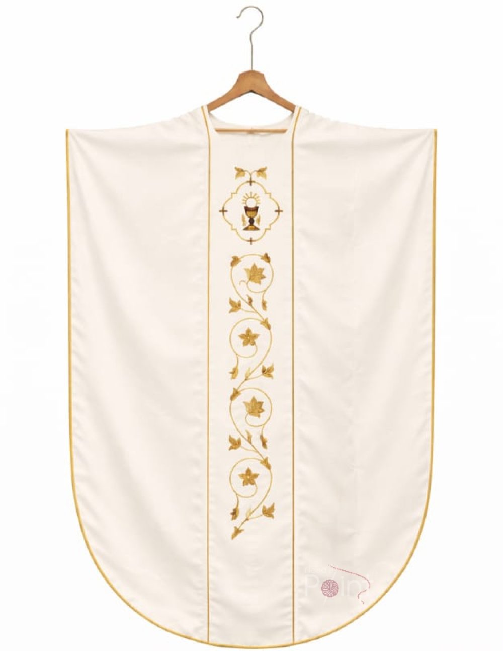 Ivory chasuble front hanging view with decorative gold embroidery Catholic liturgical vestment Needle Point