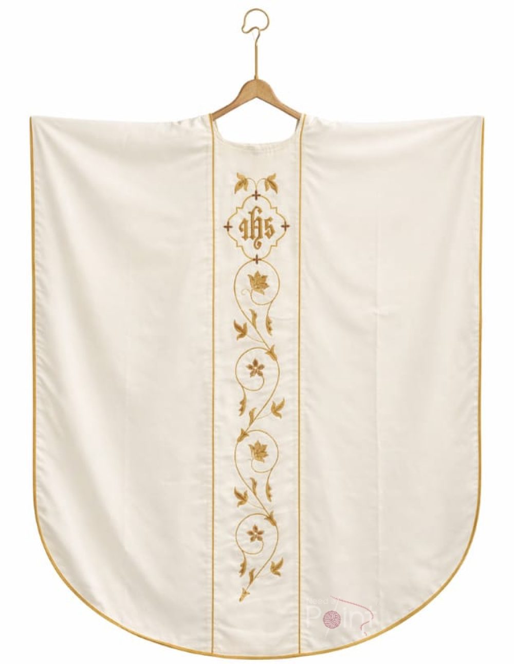 Ivory chasuble back hanging view with decorative gold embroidery church vestment Needle Point