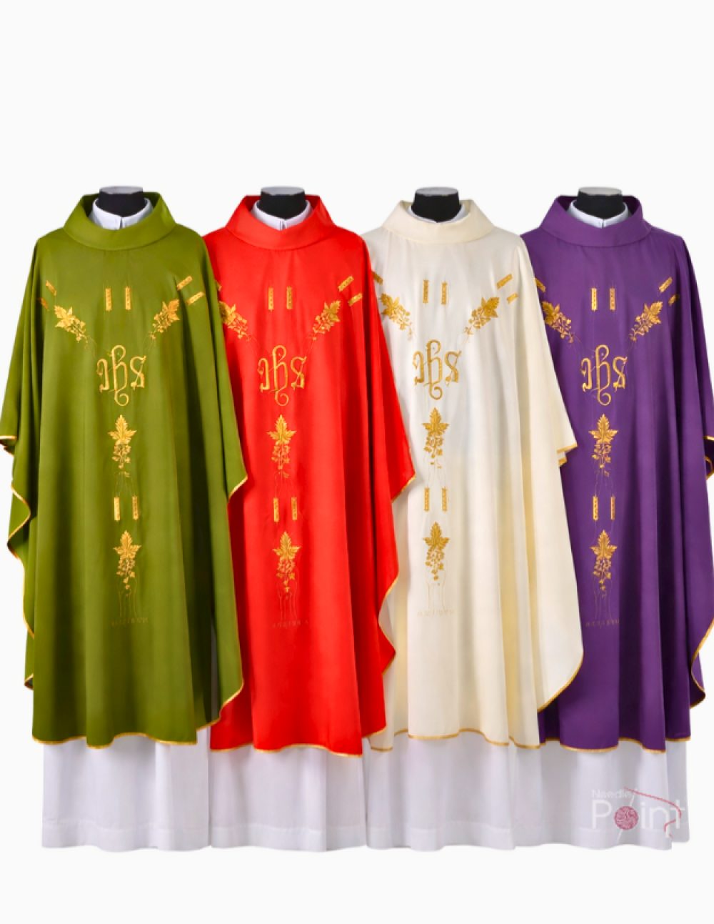 IHS cross and golden wheat embroidered chasuble set green red white purple front view