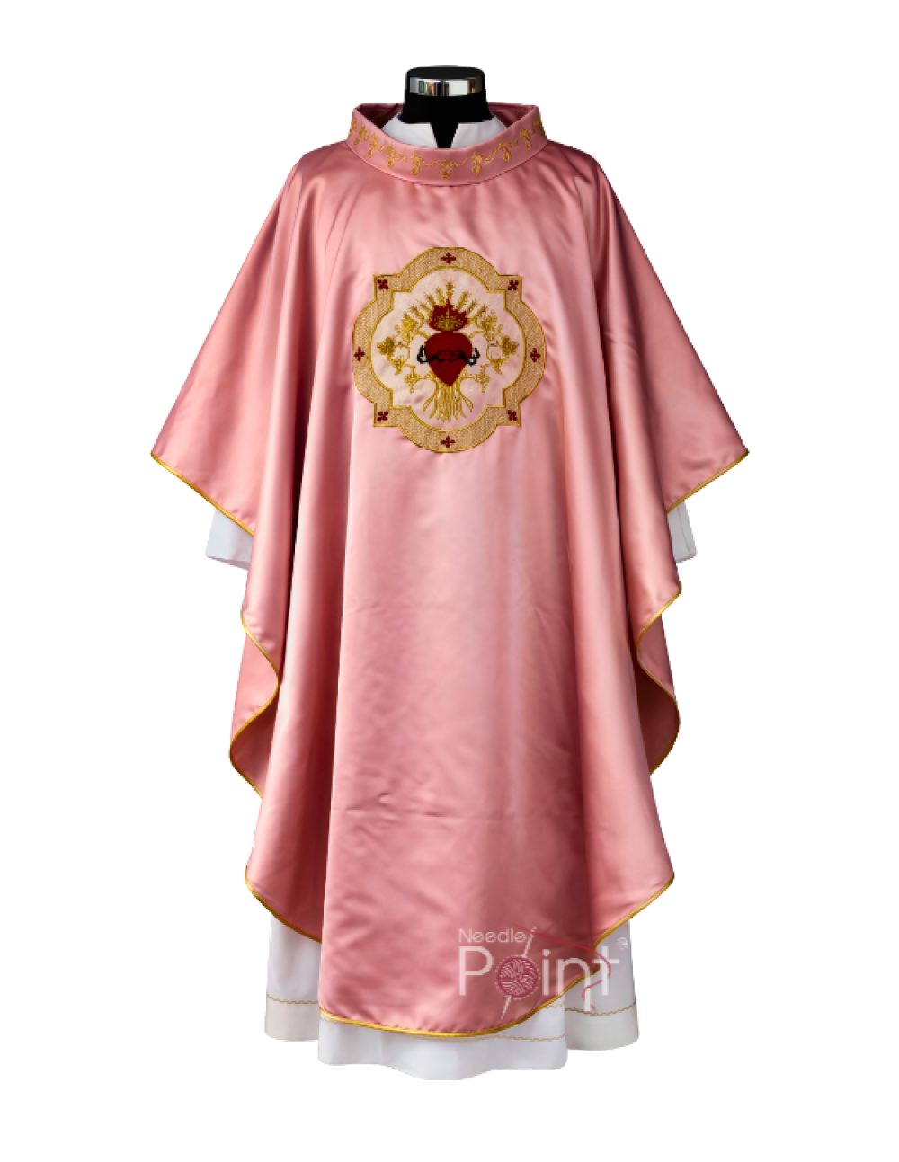 Pink chasuble front view with Sacred Heart gold embroidery – Catholic clergy vestment for Gaudete Sunday – Needle Point India