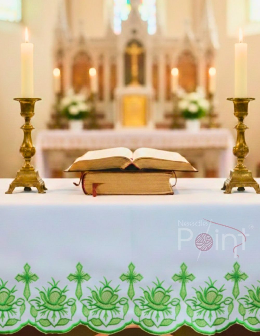 1.5 meter cross floral embroidery altar cloth green design church altar cloth India