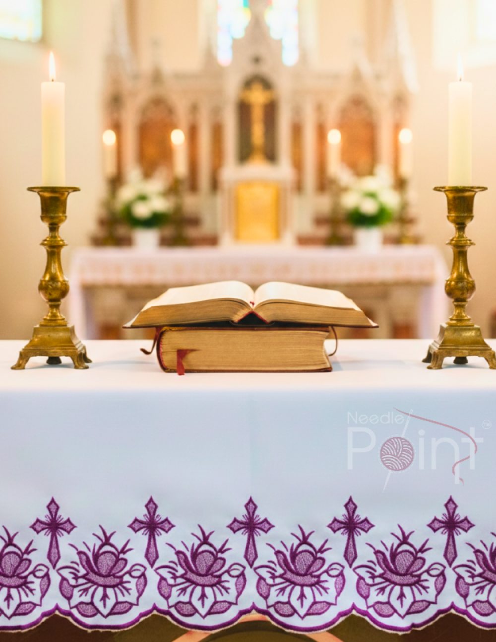 2 meter cross floral embroidery altar cloth purple design church altar setting