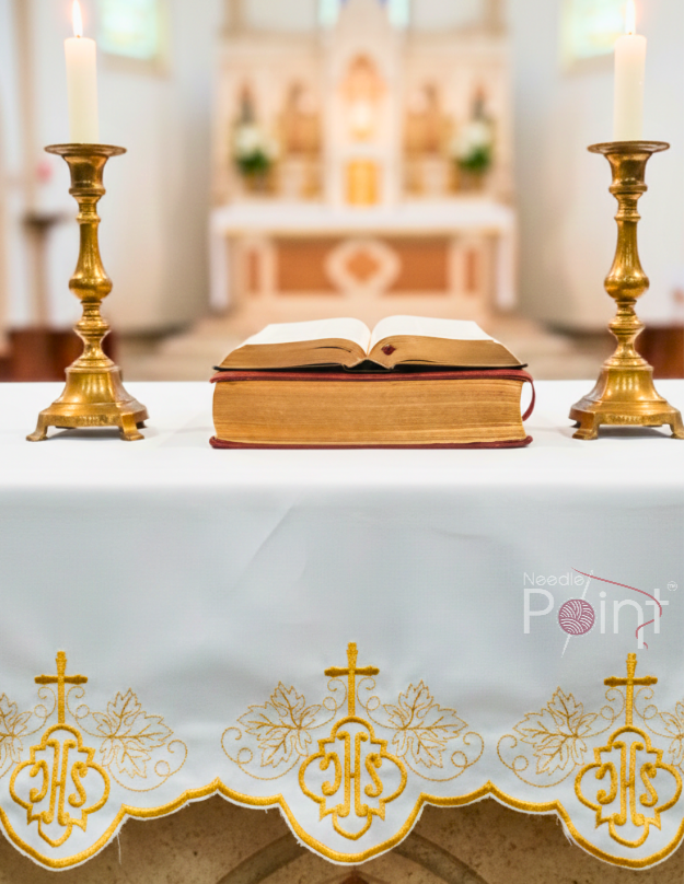 Two And Half Meter Vine Leaf & IHS Embroidery Altar Table Cloth