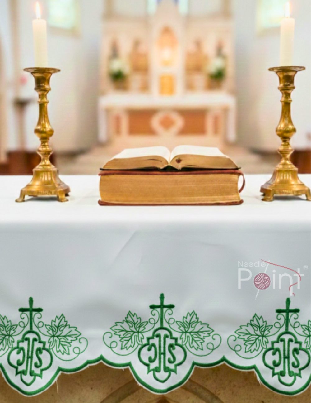 2.5M Green IHS Vine Leaf Altar Table Cloth Retreat Centre Display – Needle Point India
