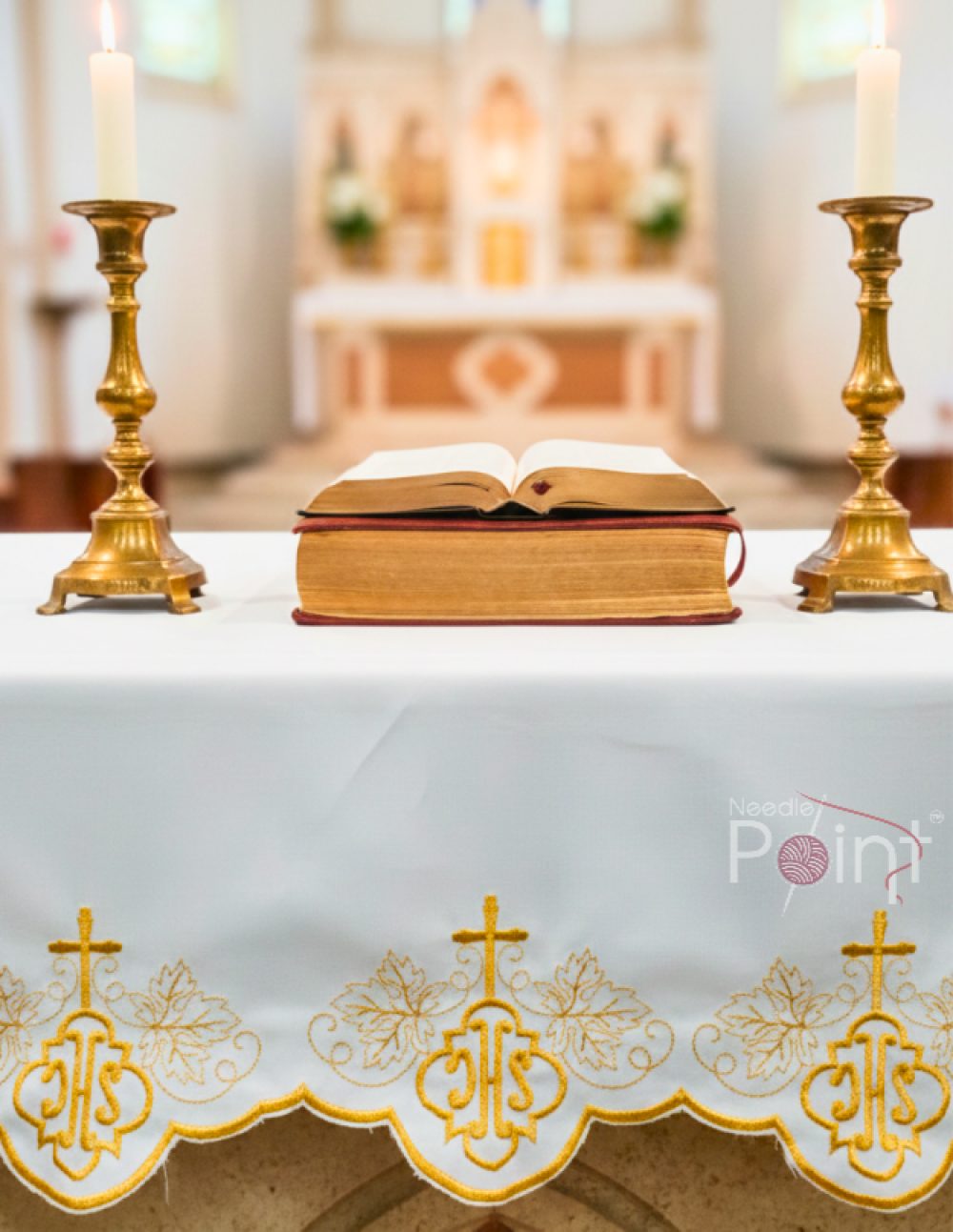 3 Meter Vine Leaf & IHS Embroidery Altar Table Cloth