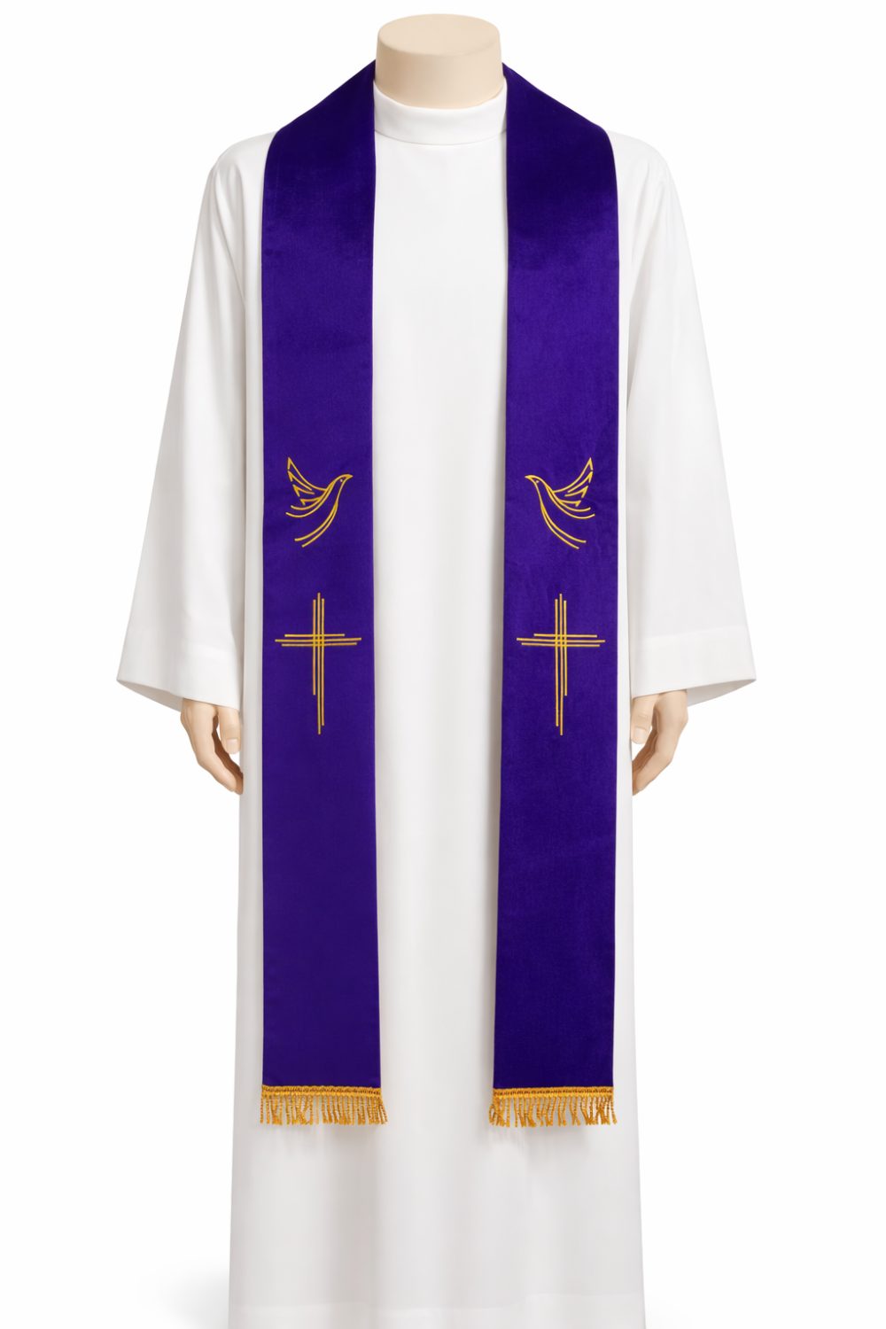 Purple liturgical priest stole worn with golden cross and dove embroidery — Needle Point India
