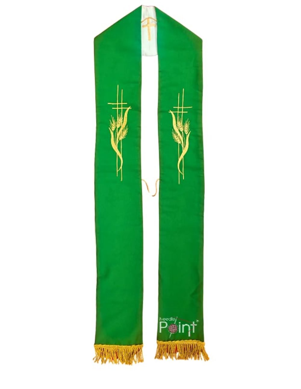 Green priest stole with fine needlepoint cross and wheat embroidery — Needle Point India