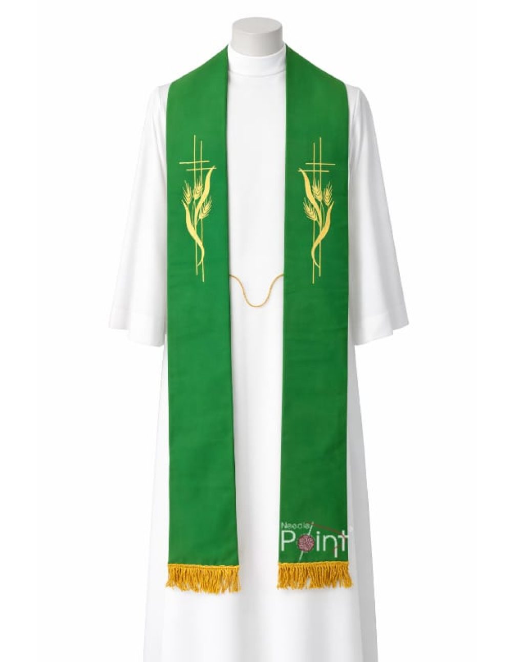 Green liturgical priest stole worn with fine needlepoint cross wheat design — Needle Point India
