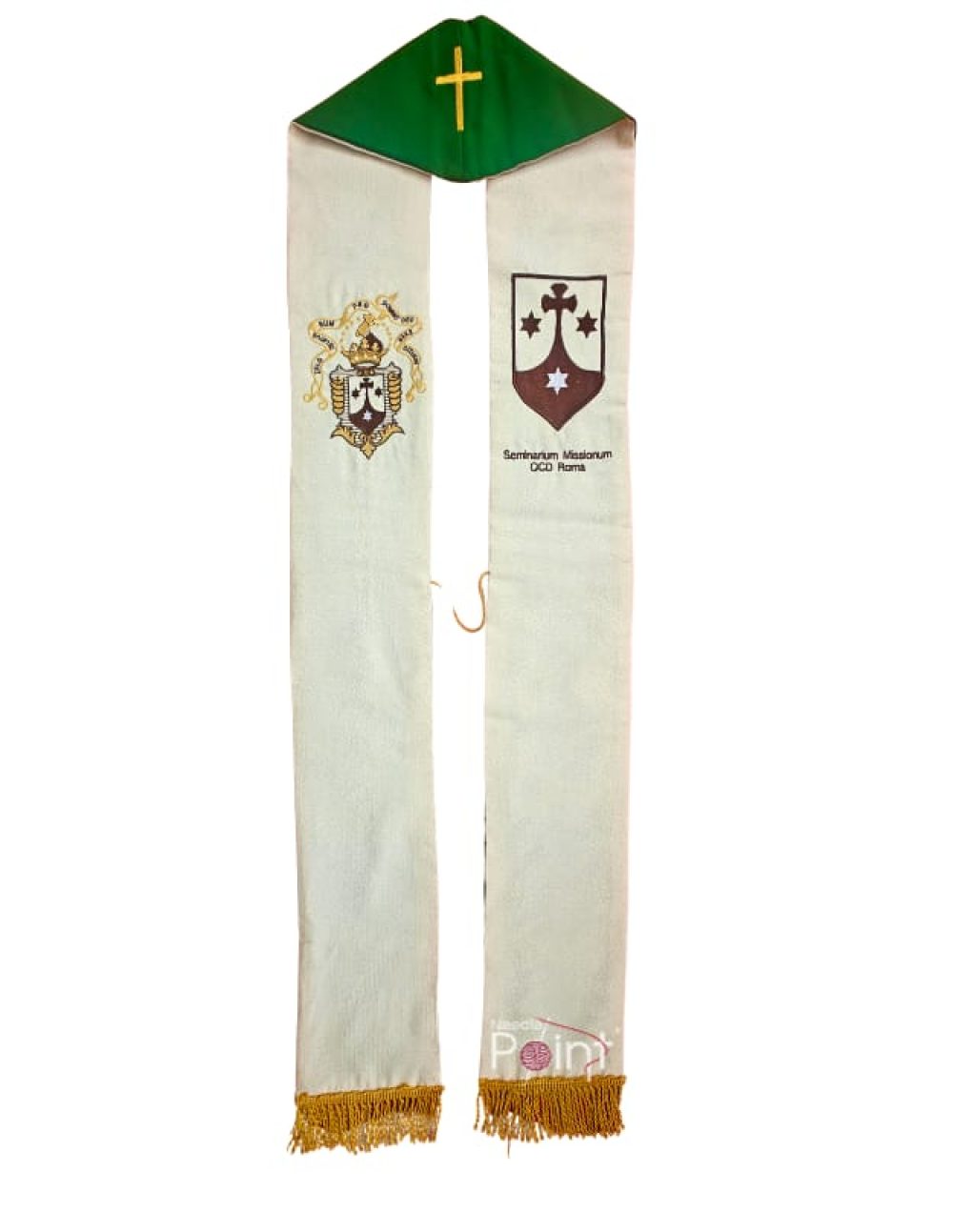 Cream priest stole with seminary crest and cross wheat needlepoint embroidery — Needle Point India