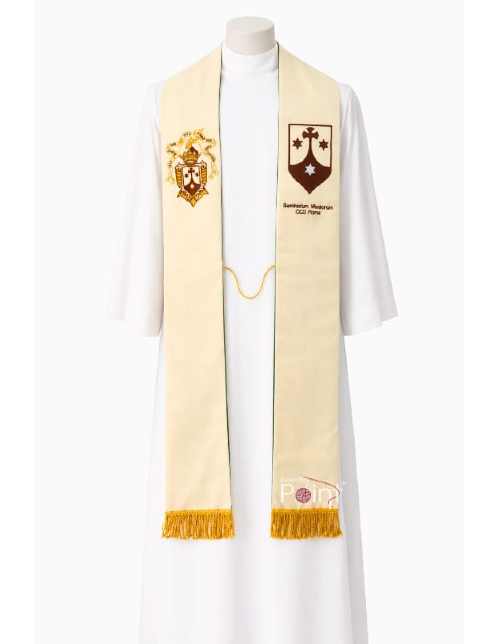 Cream liturgical priest stole worn with seminary crest needlepoint embroidery — Needle Point India