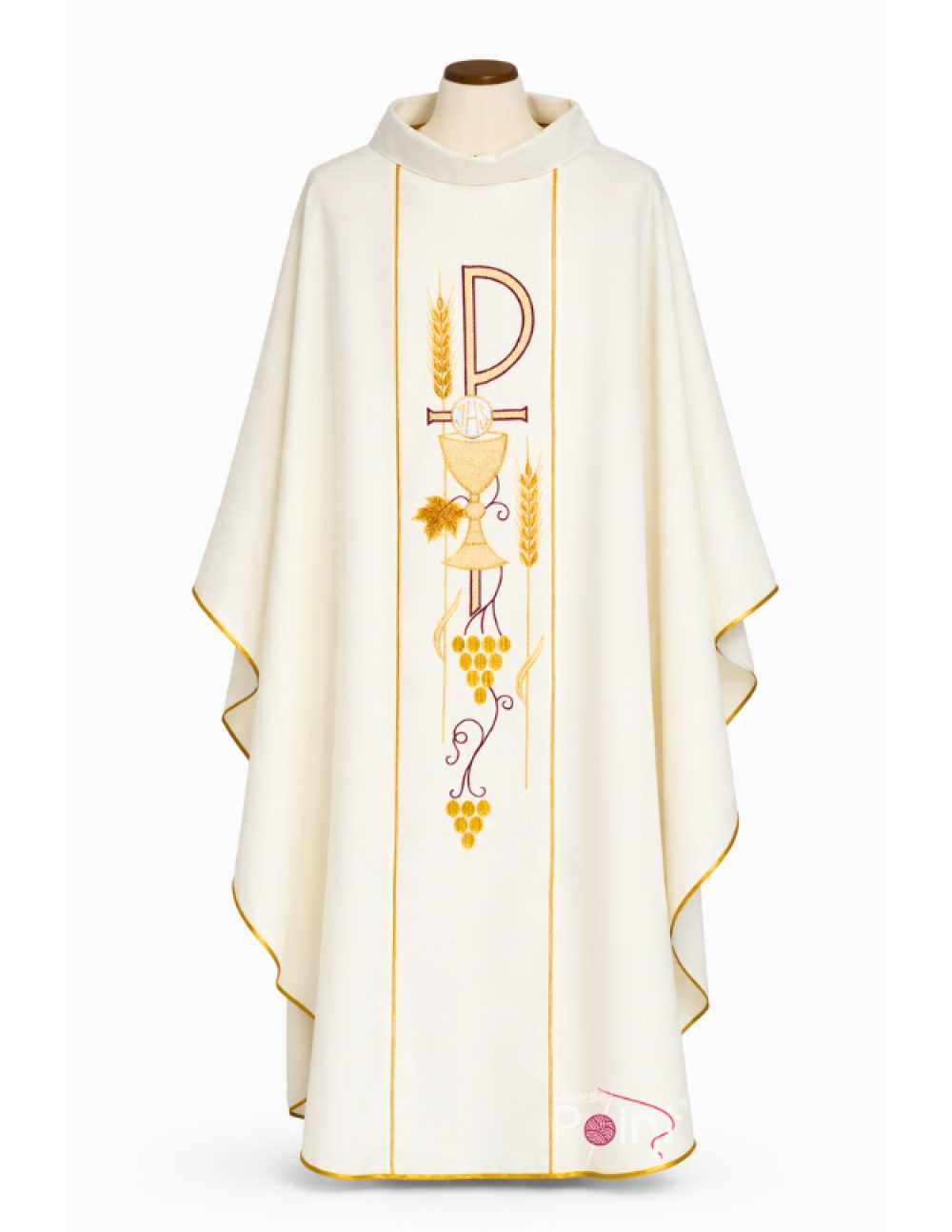 Cream chasuble with golden Eucharistic embroidery – Chi-Rho chalice wheat grapes – Catholic vestment India – Needle Point