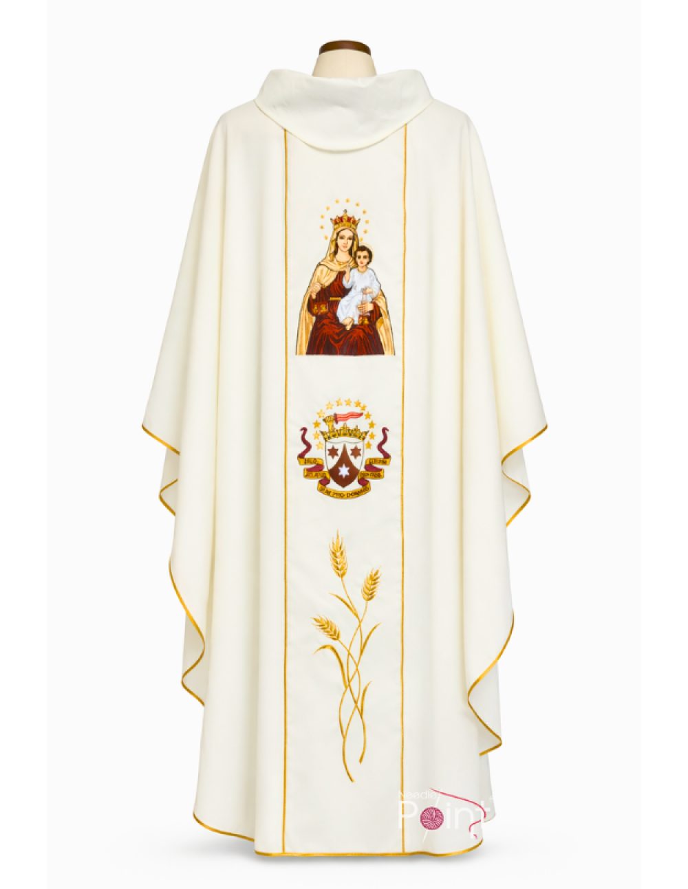 back view of golden Eucharistic symbols on cream liturgical chasuble – clergy vestment India – Needle Point