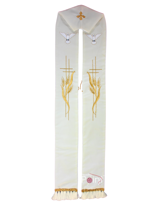 Exquisite Embroidery Stole For Priest – Cream with Dove, Cross & Wheat Design