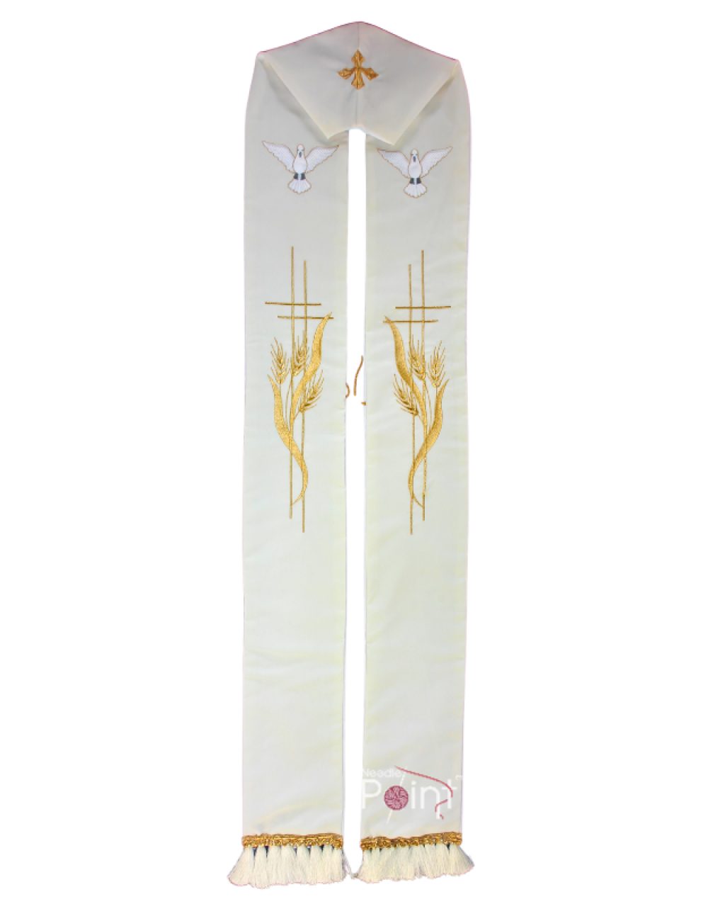 Cream priest stole with golden dove Holy Spirit cross and wheat embroidery — Needle Point India