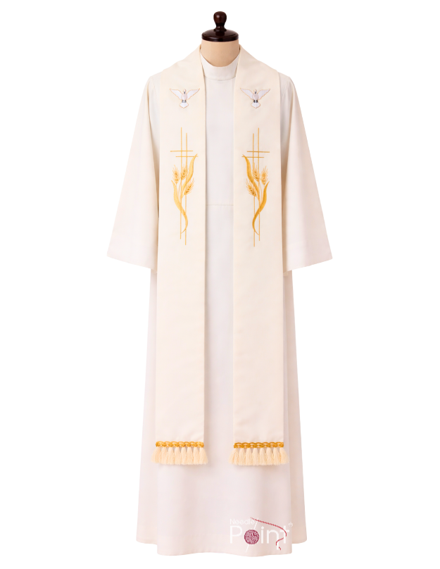 Exquisite Embroidery Stole For Priest – Cream with Dove, Cross & Wheat Design (2)