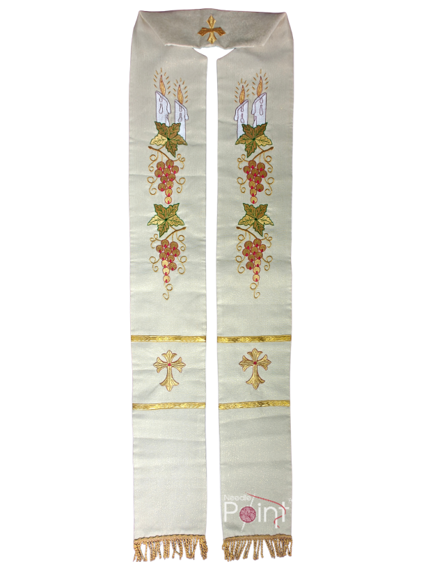 Premium Embroidery Stole for Priest – Cream with Cross, Candle & Eucharistic Grape Motif