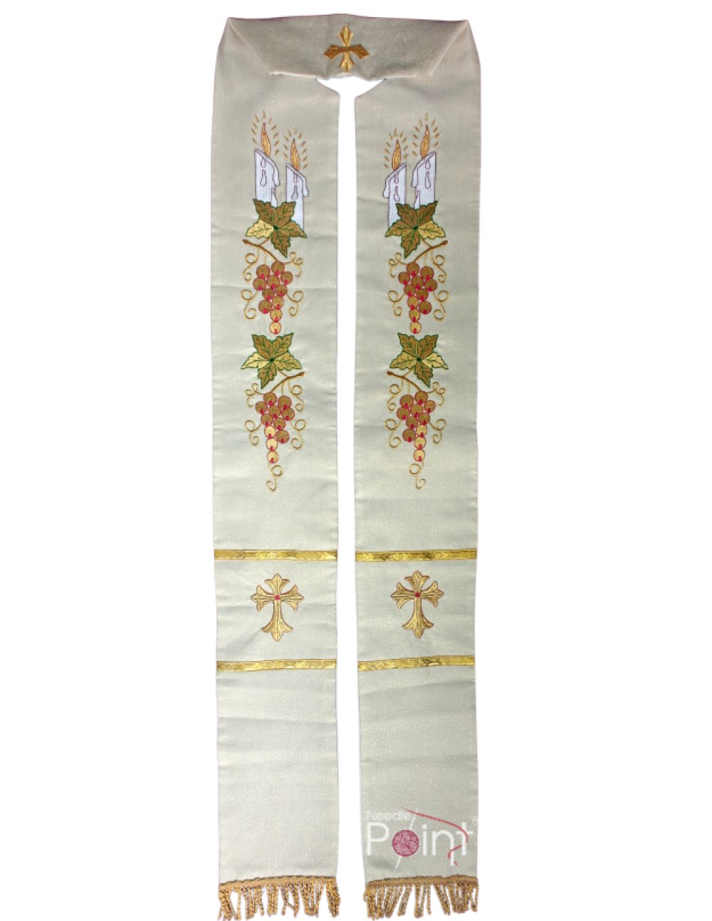 Cream priest stole with golden cross candle and Eucharistic grape embroidery — Needle Point India