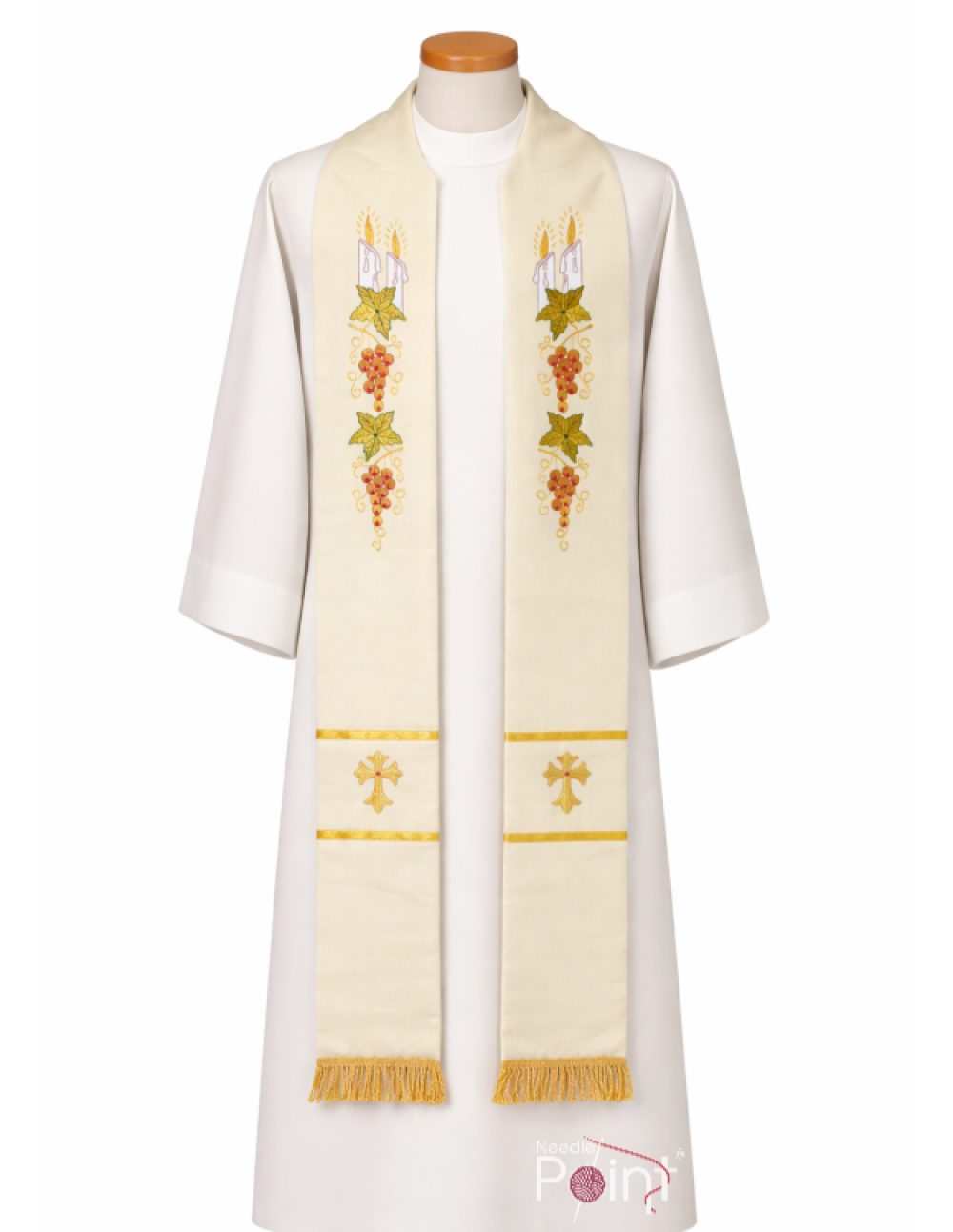 Cream liturgical priest stole worn with cross candle grape Eucharistic embroidery — Needle Point India