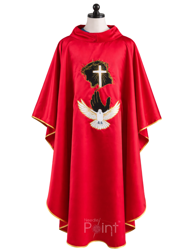Front view of red chasuble with Holy Spirit Dove and Cross embroidery – Catholic vestment Pentecost – Needle Point