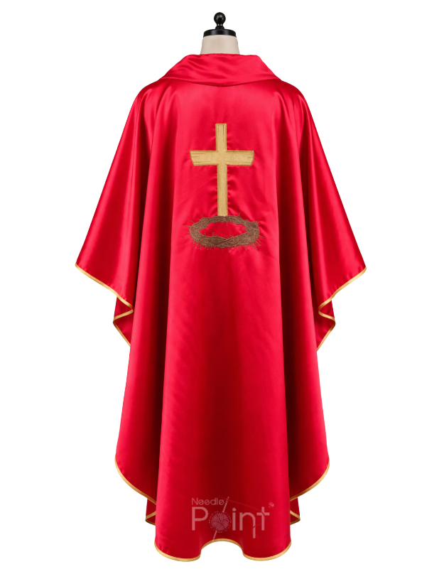 Back view of red liturgical chasuble with Cross embroidery – clergy vestment for Pentecost – Needle Point India