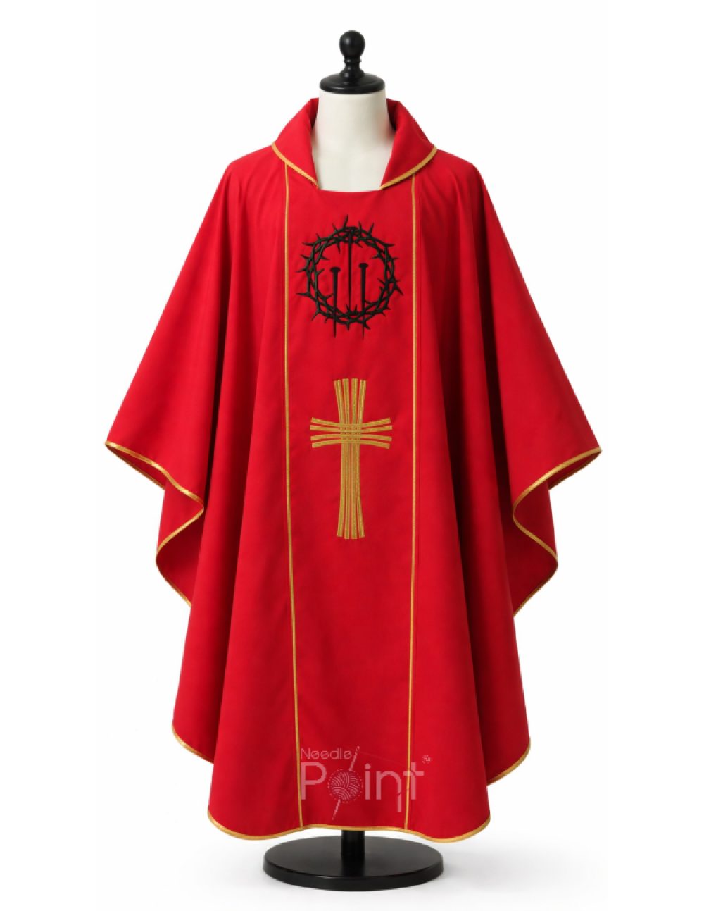 Red priest chasuble with IHS crown and cross embroidery front view