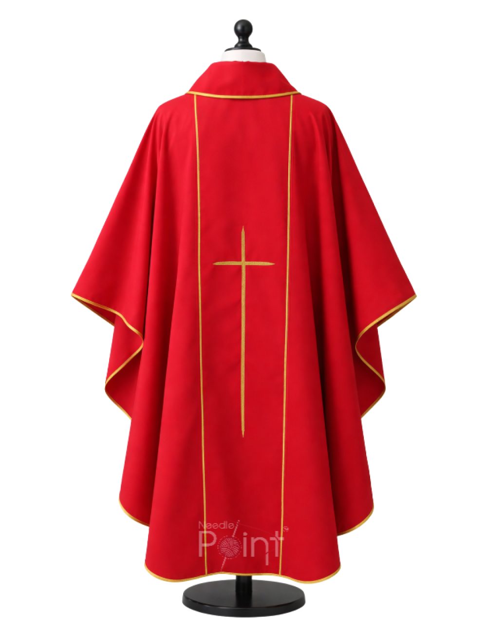 Red chasuble vestment back view with cross embroidery