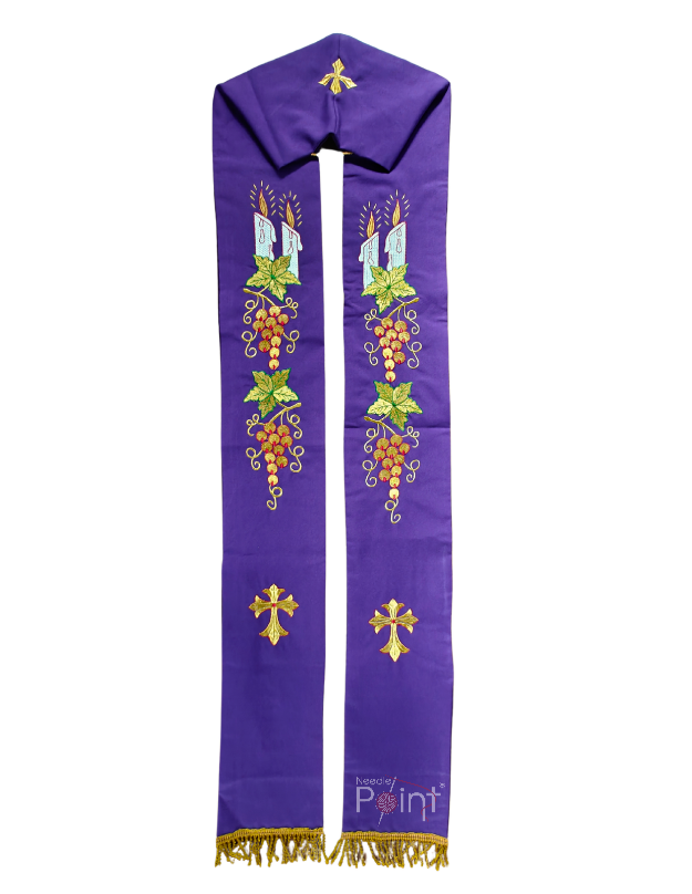 Purple Priest Stole with Candle & Grapevine Embroidery | Catholic Liturgical Vestment