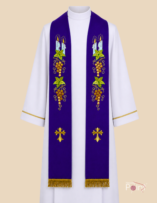 Purple Catholic Priest Stole Candle Grapevine Cross Embroidery Worn View – Needle Point