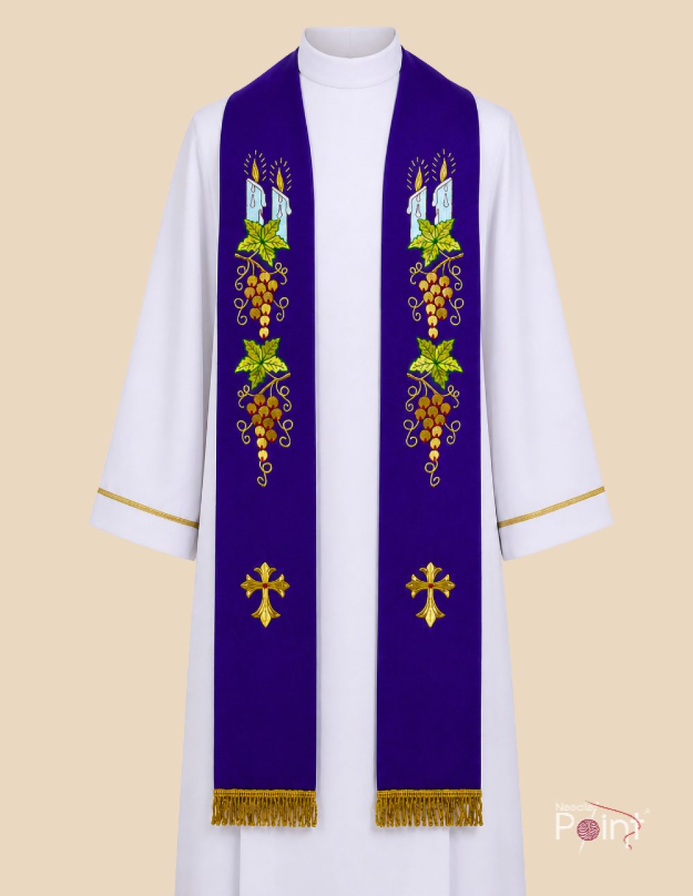 Purple Catholic Priest Stole Candle Grapevine Cross Embroidery Worn View – Needle Point