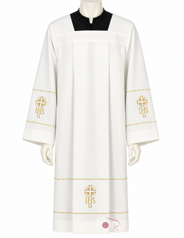 Priest Surplice with IHS Cross Machine Embroidery – White Liturgical Vestment