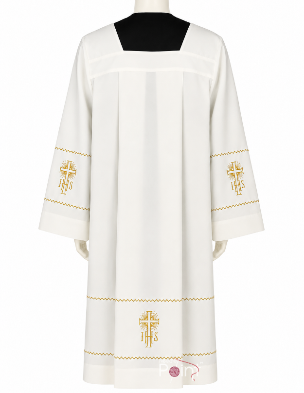 Back View of White Priest Surplice with Gold IHS Cross Machine Embroidery – Catholic Liturgical Vestment India
