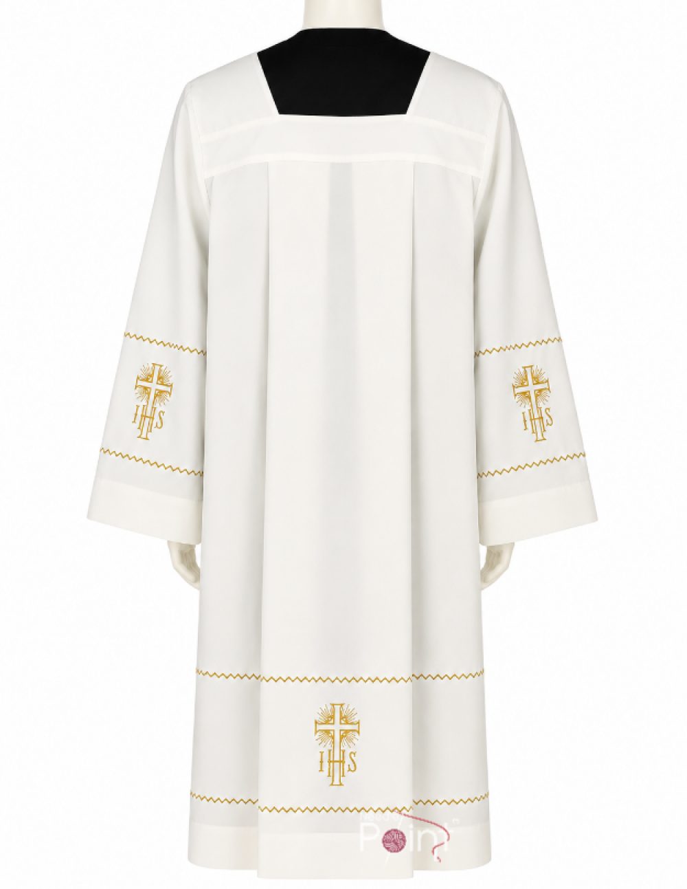Back View of White Priest Surplice with Gold IHS Cross Machine Embroidery – Catholic Liturgical Vestment India