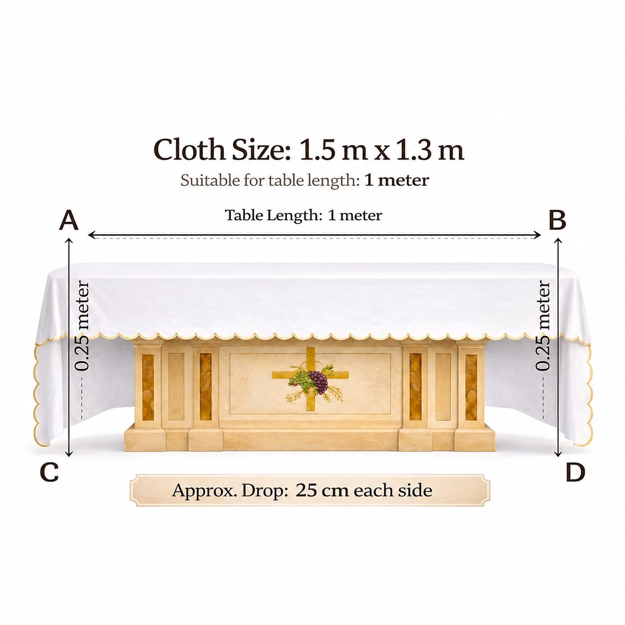 1.5 Meter x 1.3 Meter Altar Table Cloth Size Chart - Chalice Design Embroidery - Needle Point Kerala