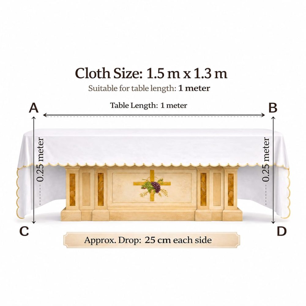1.5 Meter x 1.3 Meter Altar Table Cloth Size Chart - Chalice Design Embroidery - Needle Point Kerala