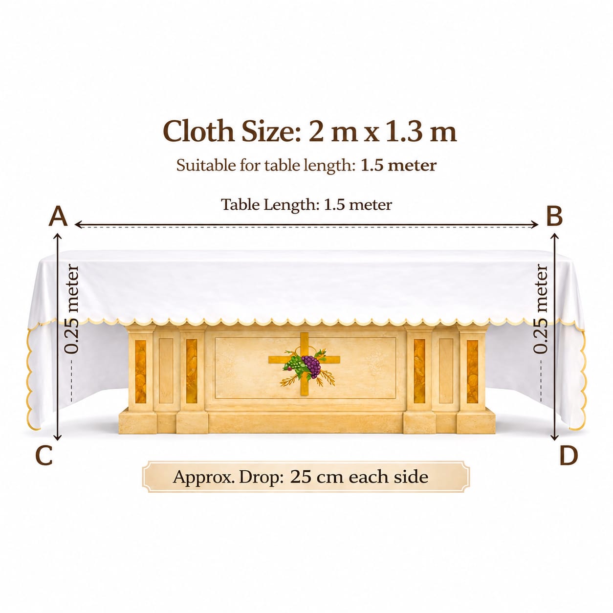 2 Meter x 1.3 Meter Altar Table Cloth Size Chart - Chalice Design Embroidery - Needle Point Kerala