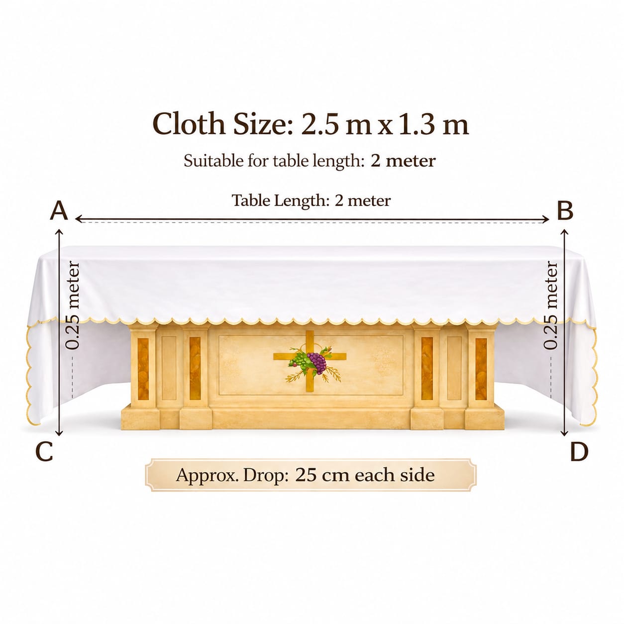 2.5 Meter x 1.3 Meter Altar Table Cloth Size Chart - Chalice Design Embroidery - Needle Point Kerala