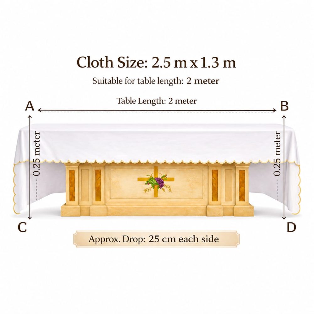 2.5 Meter x 1.3 Meter Altar Table Cloth Size Chart - Chalice Design Embroidery - Needle Point Kerala