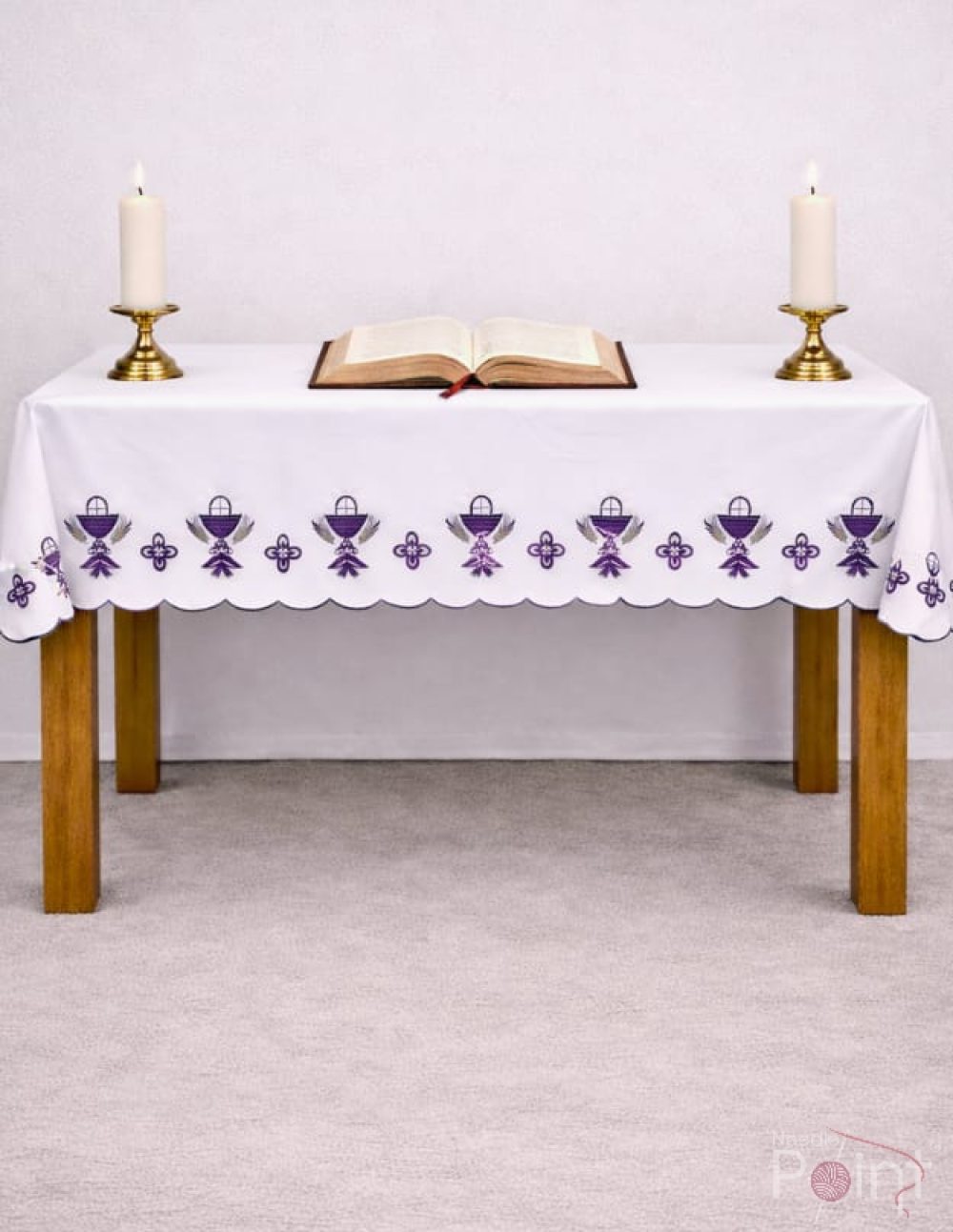 2.5 Meter Altar Table Cloth with Purple Chalice Embroidery - Catholic Church Kerala - Needle Point