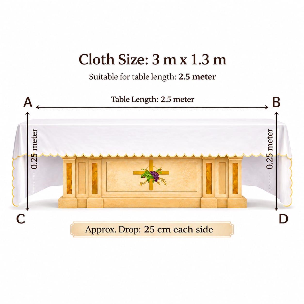 3 Meter x 1.3 Meter Altar Table Cloth Size Chart - Chalice Design Embroidery - Needle Point Kerala