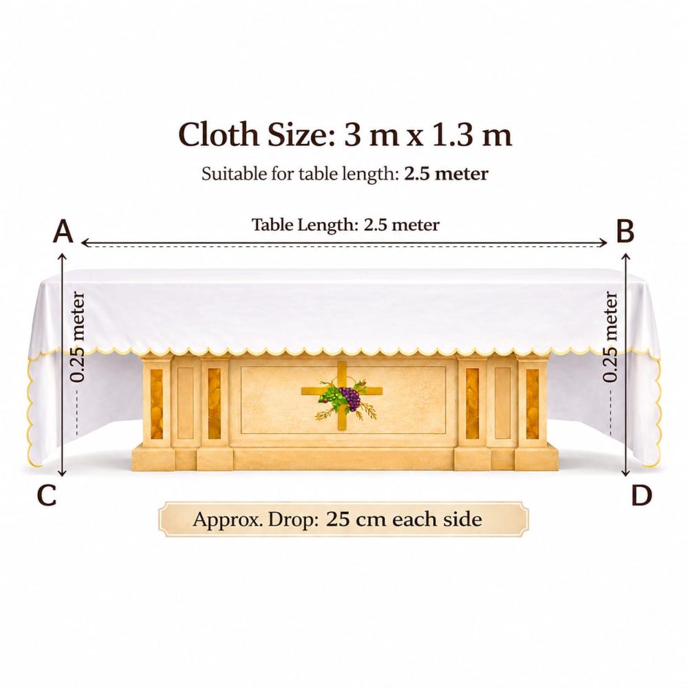 3 Meter x 1.3 Meter Altar Table Cloth Size Chart - Chalice Design Embroidery - Needle Point Kerala